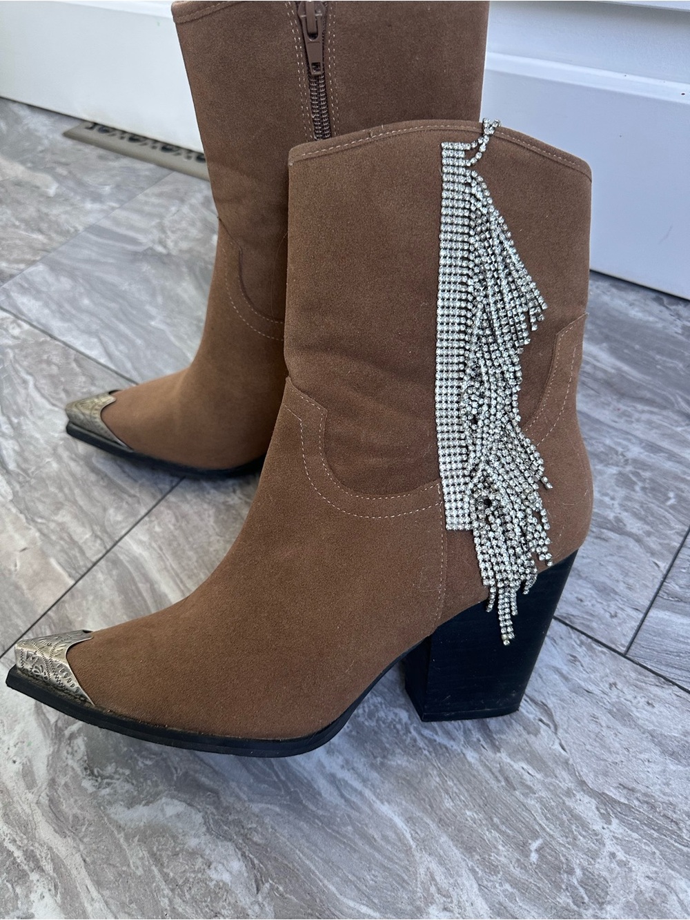 Crystal Fringe Brown Suede Western Booties 10